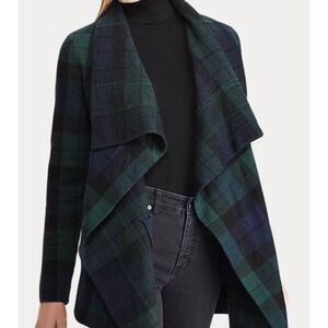 Ralph Lauren Sweater Women's Large Green Blue Plaid Merino Wool Shawl Cardigan